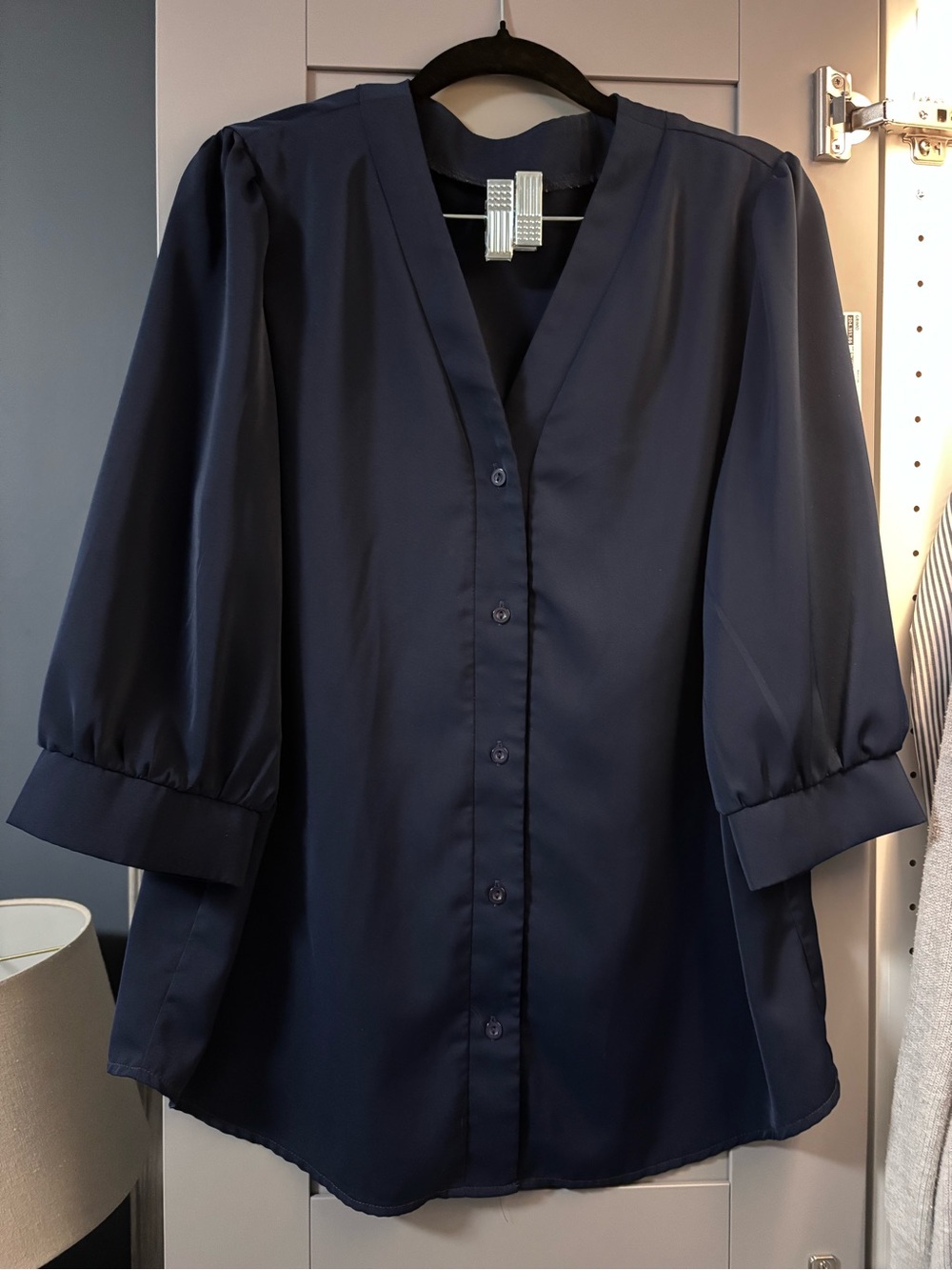 Women's Navy V-Neck Button Down Blouse
